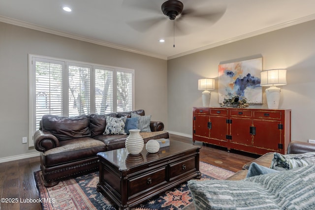 9406 Wayne Ave, Lubbock, TX 79424 - living area featuring ceiling fan, wood finished floors, baseboards, ornamental molding, and recessed lighting