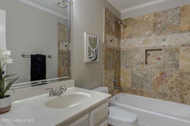 9406 Wayne Ave, Lubbock, TX 79424 - bathroom with toilet, ornamental molding, vanity, bathtub / shower combination, and a textured wall