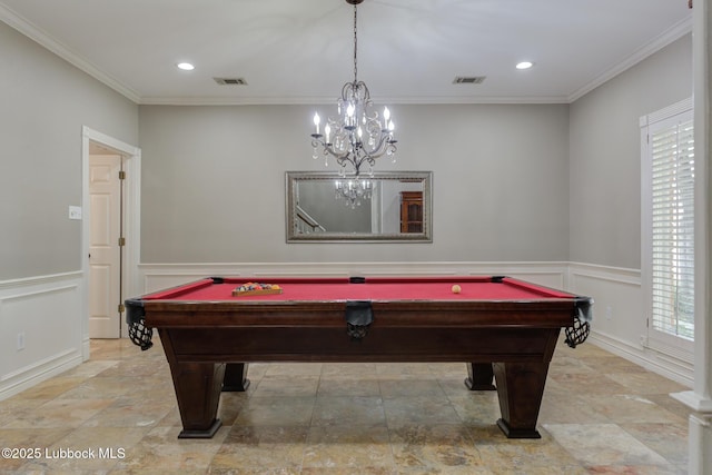 9406 Wayne Ave, Lubbock, TX 79424 - recreation room featuring crown molding, pool table, a chandelier, a wainscoted wall, and recessed lighting