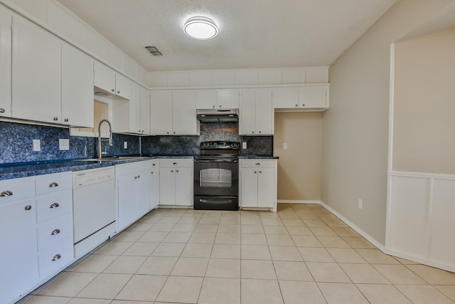 kitchen with black electric range oven, sink, white cabinetry, white dishwasher, and backsplash