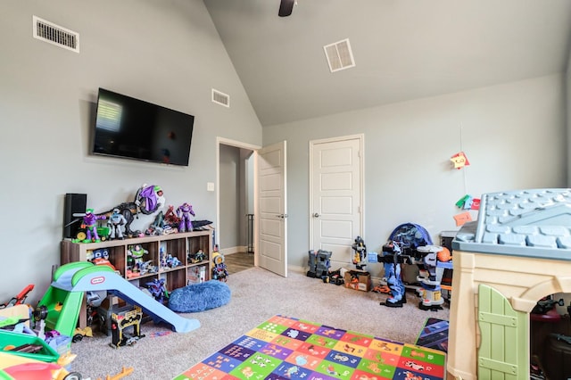 game room with lofted ceiling and carpet floors