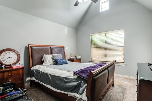 bedroom with high vaulted ceiling, ceiling fan, and carpet flooring