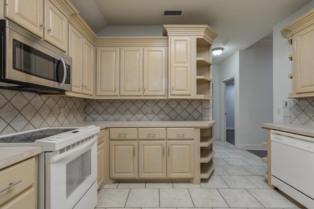 4107 101st St, Lubbock, TX 79423 - kitchen featuring open shelves, white appliances, light countertops, and tasteful backsplash
