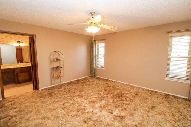 spare room featuring ceiling fan, carpet, and a textured ceiling