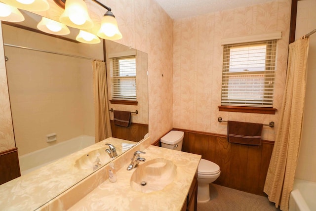 full bathroom with vanity, toilet, and shower / bath combo