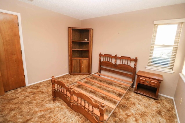 bedroom with carpet and a textured ceiling