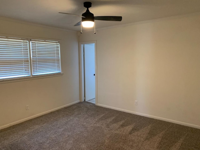 spare room featuring carpet floors, ornamental molding, and ceiling fan