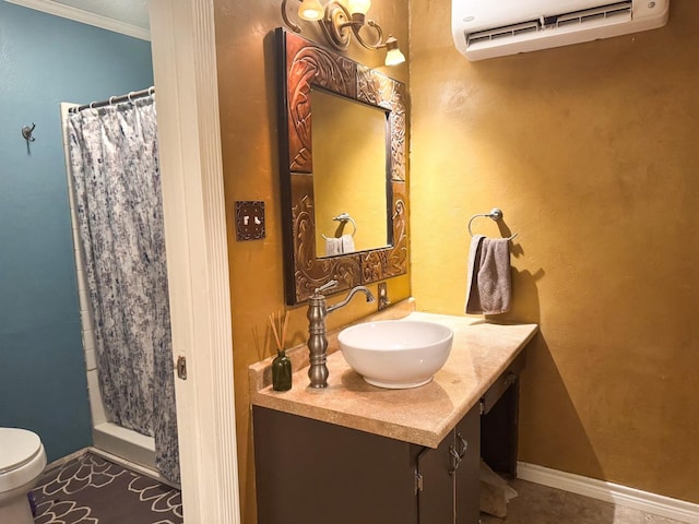 bathroom with a wall mounted AC, ornamental molding, curtained shower, tile patterned floors, and toilet