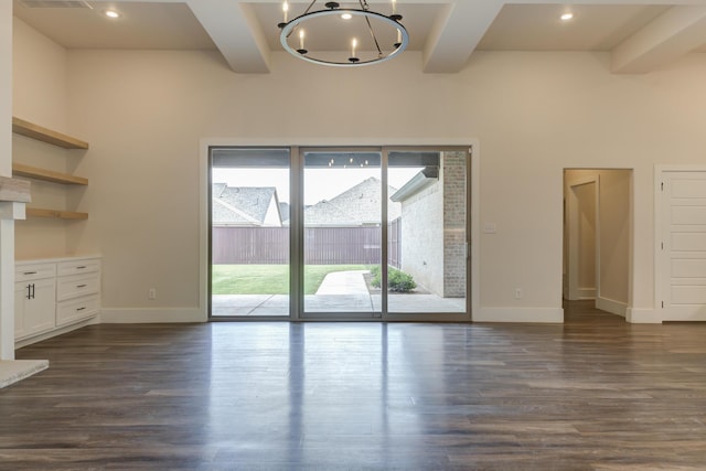 4603 140th St, Lubbock, TX 79424 - unfurnished dining area with beam ceiling, a chandelier, dark wood-style floors, and recessed lighting