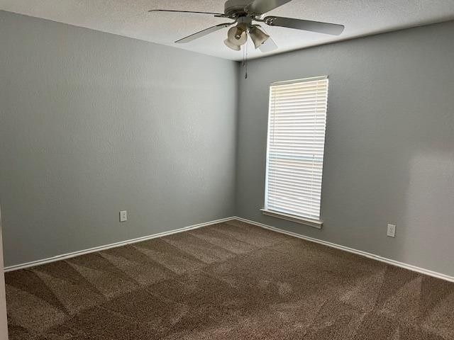 carpeted spare room with ceiling fan, a healthy amount of sunlight, and a textured ceiling