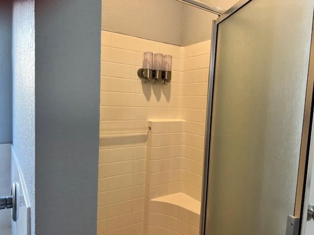 bathroom featuring a shower with shower door