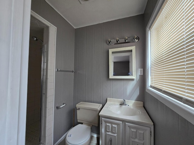 bathroom featuring a shower with door, vanity, plenty of natural light, and toilet