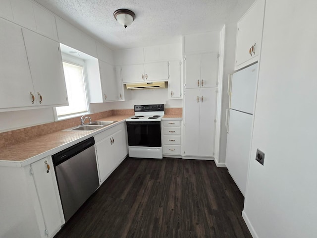 kitchen with sink, dishwasher, white cabinetry, range with electric stovetop, and white fridge