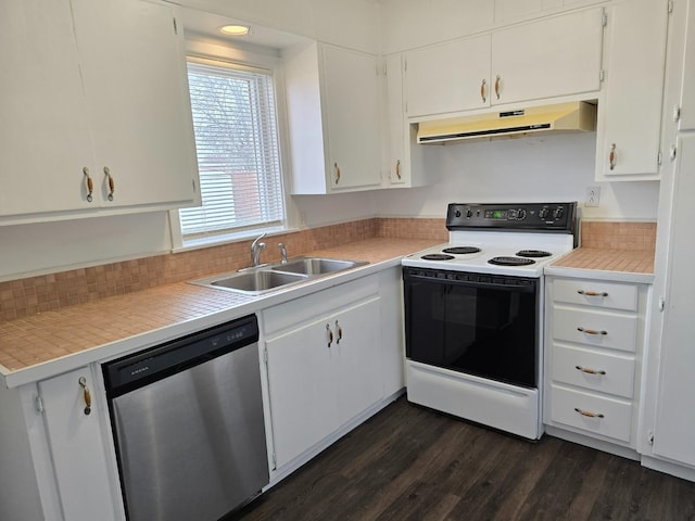 kitchen with sink, white cabinetry, range with electric stovetop, dark hardwood / wood-style floors, and dishwasher