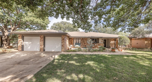 ranch-style house with a garage and a front lawn