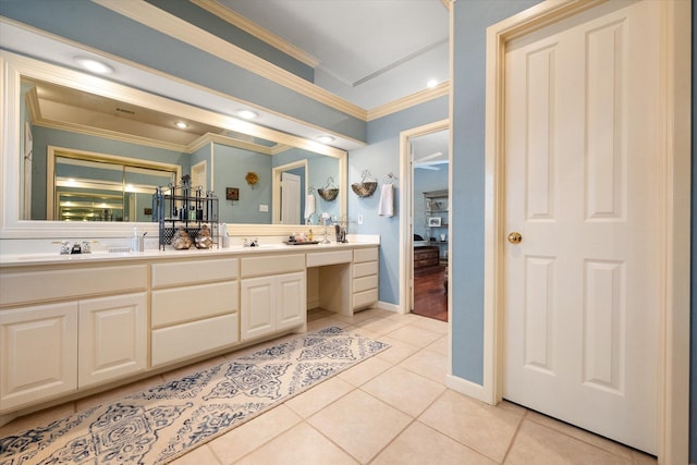 314 York Ave, Lubbock, TX 79416 - bathroom featuring crown molding, double vanity, and tile patterned flooring