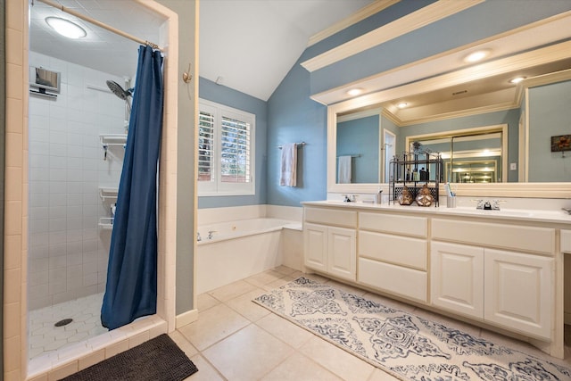 314 York Ave, Lubbock, TX 79416 - bathroom featuring a shower stall, a garden tub, vaulted ceiling, double vanity, and crown molding
