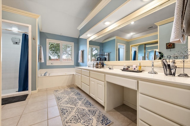 314 York Ave, Lubbock, TX 79416 - full bathroom with a stall shower, vanity, a bath, tile patterned floors, and crown molding