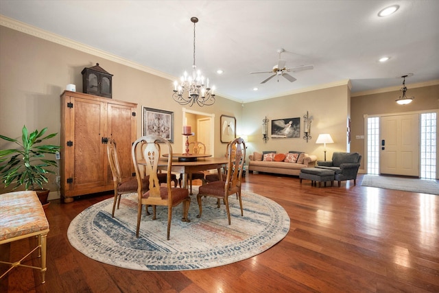 314 York Ave, Lubbock, TX 79416 - dining area with wood finished floors, crown molding, recessed lighting, a ceiling fan, and a chandelier