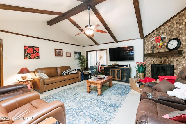 4610 63rd St, Lubbock, TX 79414 - living area featuring a brick fireplace, carpet, and ceiling fan