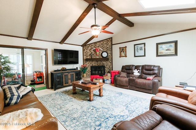 4610 63rd St, Lubbock, TX 79414 - carpeted living area with a ceiling fan and a brick fireplace