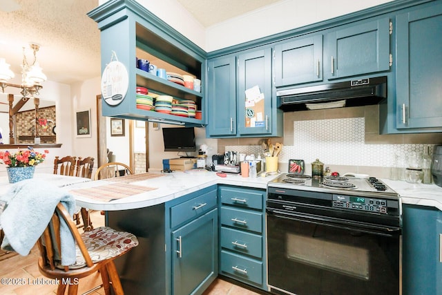 4610 63rd St, Lubbock, TX 79414 - kitchen with electric range, under cabinet range hood, a peninsula, light countertops, and tasteful backsplash