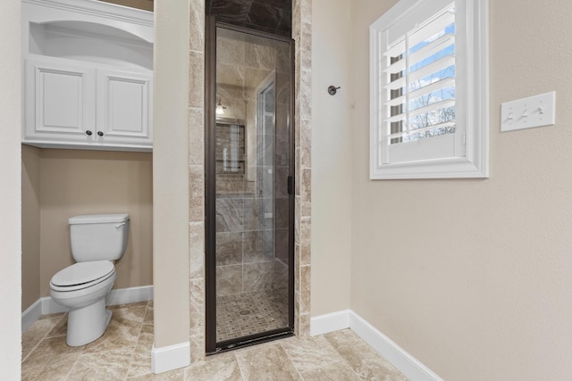 bathroom featuring walk in shower, toilet, and tile patterned flooring