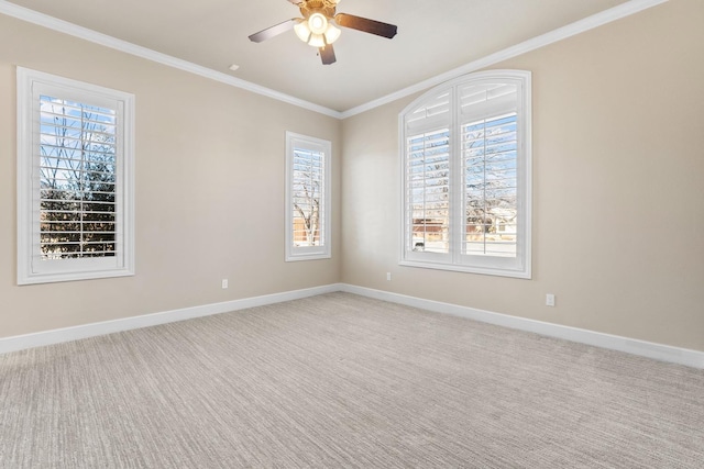 unfurnished room with ceiling fan, ornamental molding, and light carpet