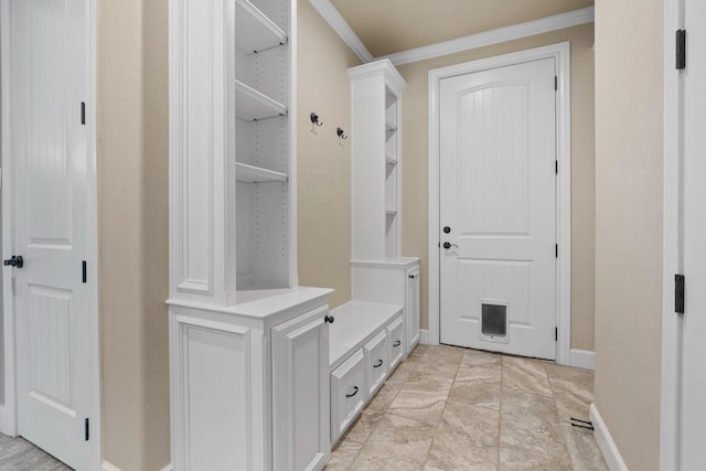 mudroom featuring ornamental molding