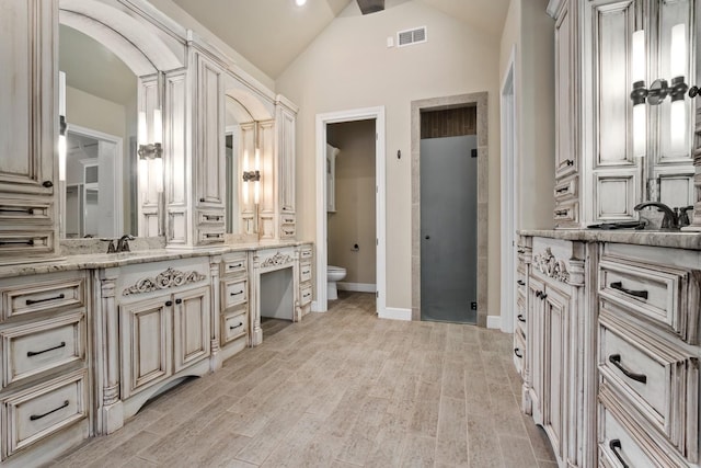 bathroom featuring vanity, wood-type flooring, toilet, and vaulted ceiling