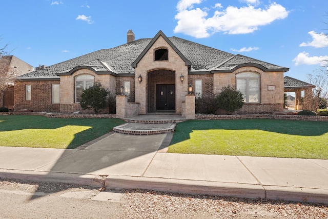 french country style house featuring a front yard