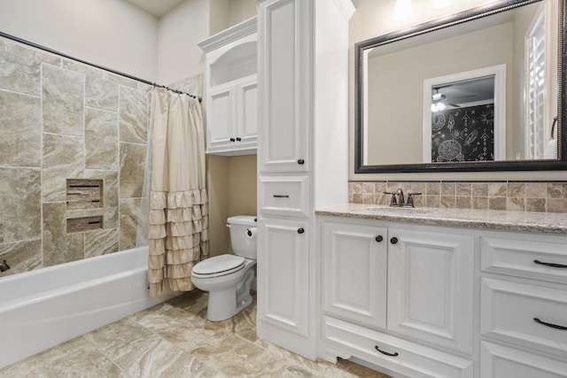 full bathroom with shower / tub combo, vanity, decorative backsplash, and toilet