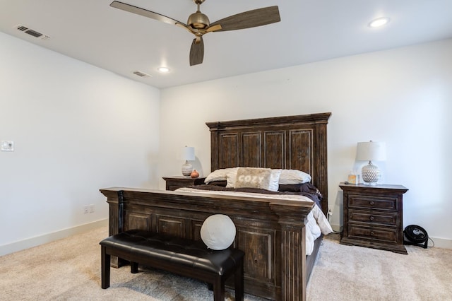 carpeted bedroom with ceiling fan