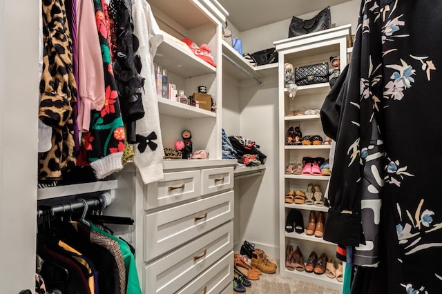 walk in closet featuring carpet flooring