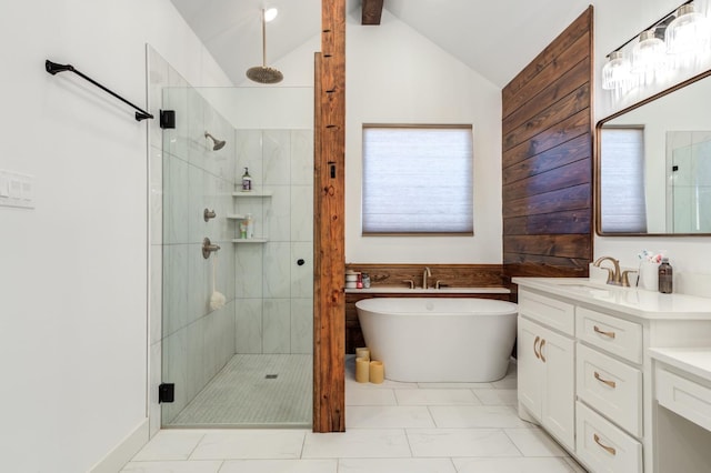 bathroom with vanity, lofted ceiling, and shower with separate bathtub