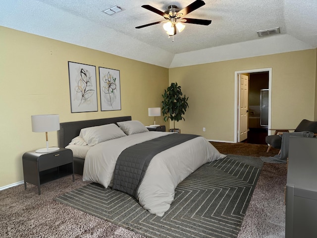 4910 102nd St, Lubbock, TX 79424 - carpeted bedroom with vaulted ceiling, a textured ceiling, and ceiling fan