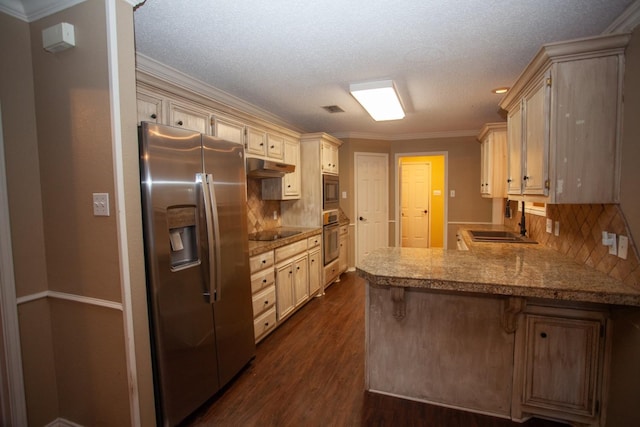 kitchen with dark hardwood / wood-style floors, sink, decorative backsplash, kitchen peninsula, and stainless steel appliances