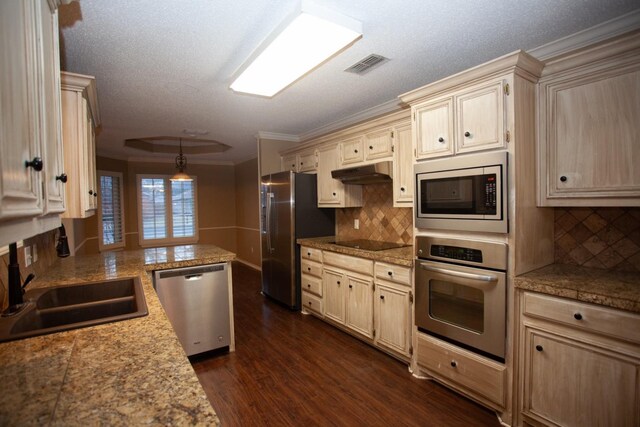 kitchen featuring appliances with stainless steel finishes, dark hardwood / wood-style floors, pendant lighting, sink, and ornamental molding