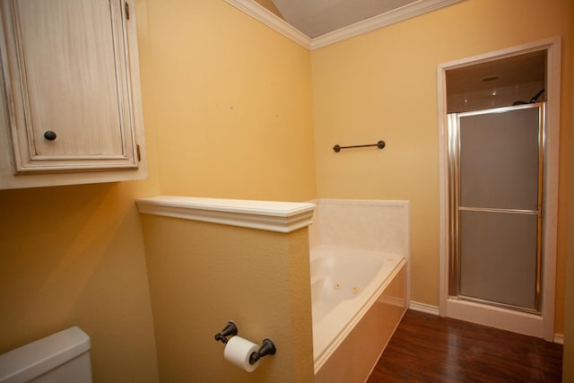 bathroom with wood-type flooring, ornamental molding, plus walk in shower, and toilet