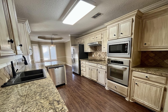 4910 102nd St, Lubbock, TX 79424 - kitchen with appliances with stainless steel finishes, under cabinet range hood, a textured ceiling, dark wood-style floors, and ornamental molding