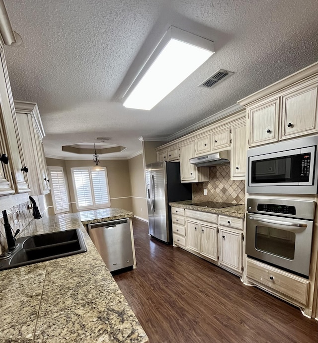 4910 102nd St, Lubbock, TX 79424 - kitchen featuring stainless steel appliances, crown molding, under cabinet range hood, a textured ceiling, and tasteful backsplash