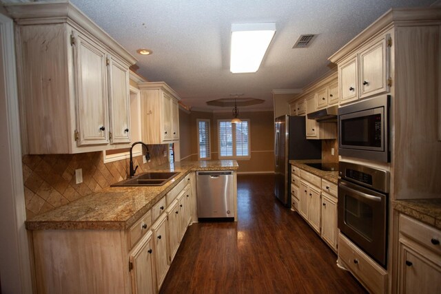 kitchen featuring sink, appliances with stainless steel finishes, dark hardwood / wood-style floors, tasteful backsplash, and kitchen peninsula