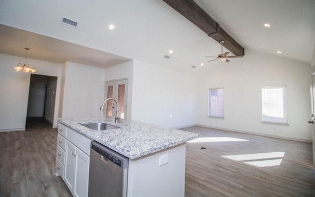 kitchen with sink, white cabinetry, hanging light fixtures, a center island with sink, and stainless steel dishwasher