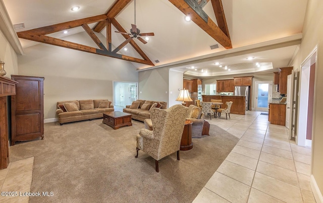 3914 101st St, Lubbock, TX 79423 - living room with high vaulted ceiling, recessed lighting, beam ceiling, a ceiling fan, and light tile patterned flooring
