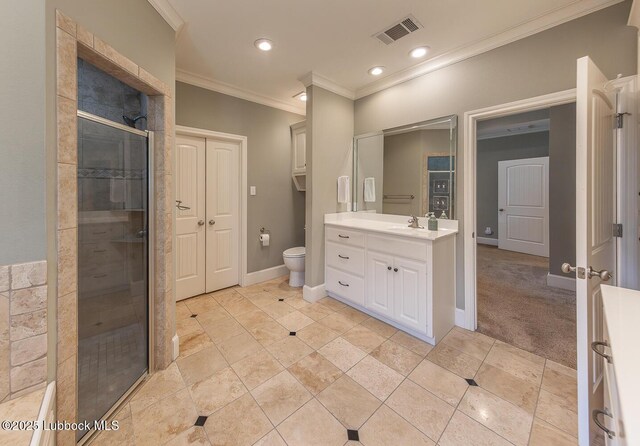 3914 101st St, Lubbock, TX 79423 - bathroom featuring crown molding, vanity, a stall shower, and recessed lighting