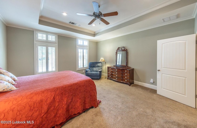 3914 101st St, Lubbock, TX 79423 - carpeted bedroom with ornamental molding, a tray ceiling, recessed lighting, and ceiling fan