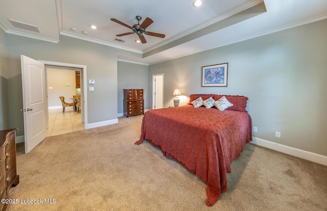 3914 101st St, Lubbock, TX 79423 - bedroom with ornamental molding, light carpet, recessed lighting, a tray ceiling, and a ceiling fan