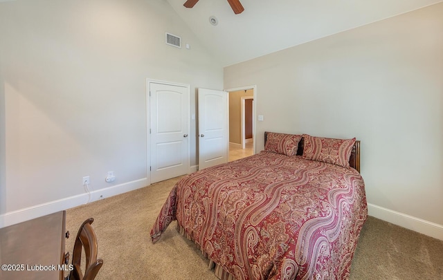 3914 101st St, Lubbock, TX 79423 - bedroom featuring light carpet, high vaulted ceiling, and ceiling fan