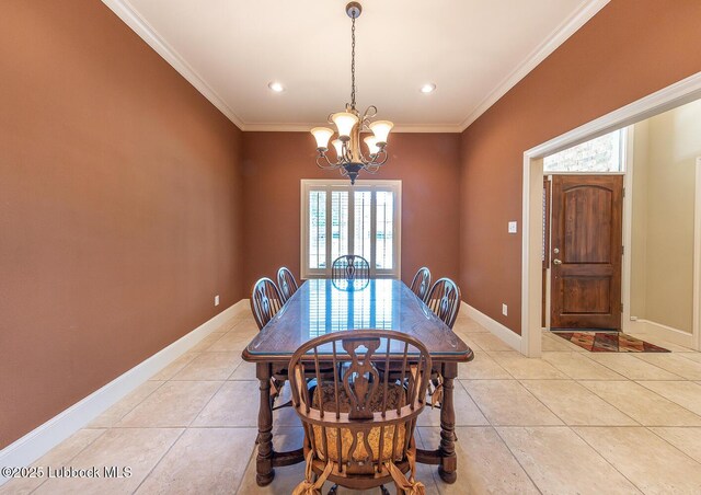 3914 101st St, Lubbock, TX 79423 - dining room with a chandelier, light tile patterned flooring, ornamental molding, and recessed lighting