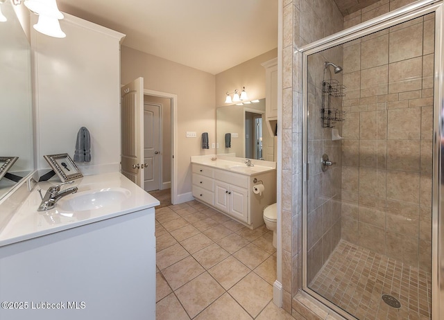3914 101st St, Lubbock, TX 79423 - bathroom with a stall shower, vanity, and tile patterned flooring